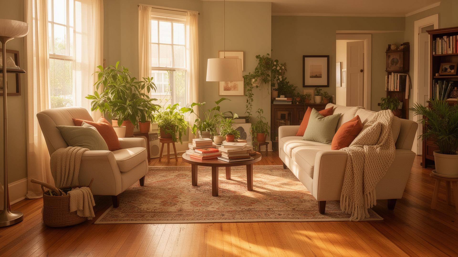 Sunlit independent living room with comfortable seating in a Detroit home